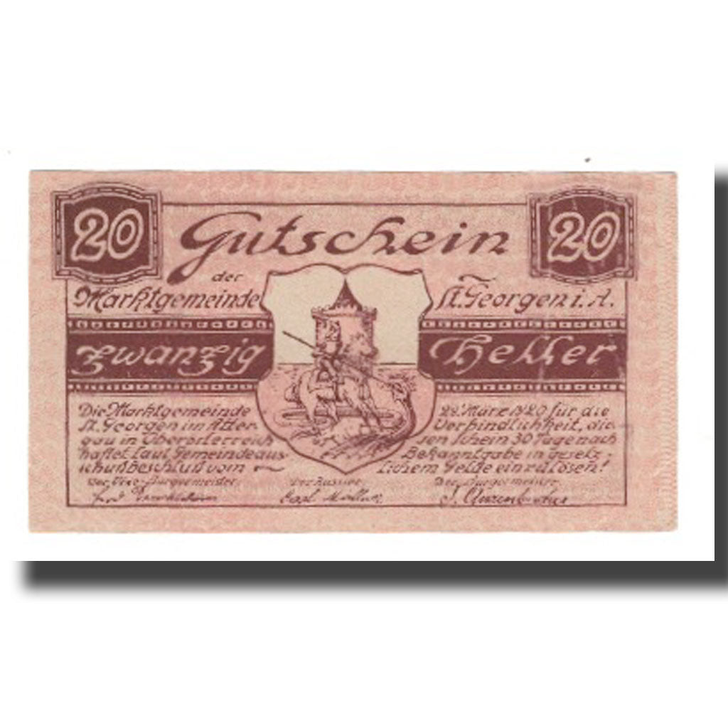 Banknot, Austria, St Georgen im Attergau, 20 Heller, paysage, 1920, 1920-03-29