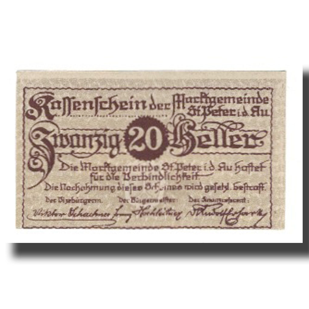 Billet, Autriche, St Peter in der Au, 20 Heller, paysage, 1921, 1921-04-01