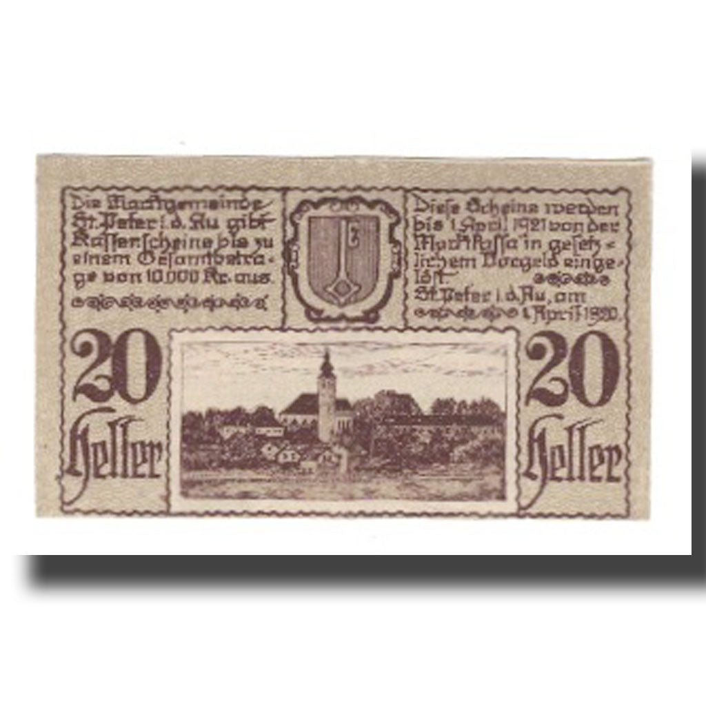 Billet, Autriche, St Peter in der Au, 20 Heller, paysage, 1921, 1921-04-01