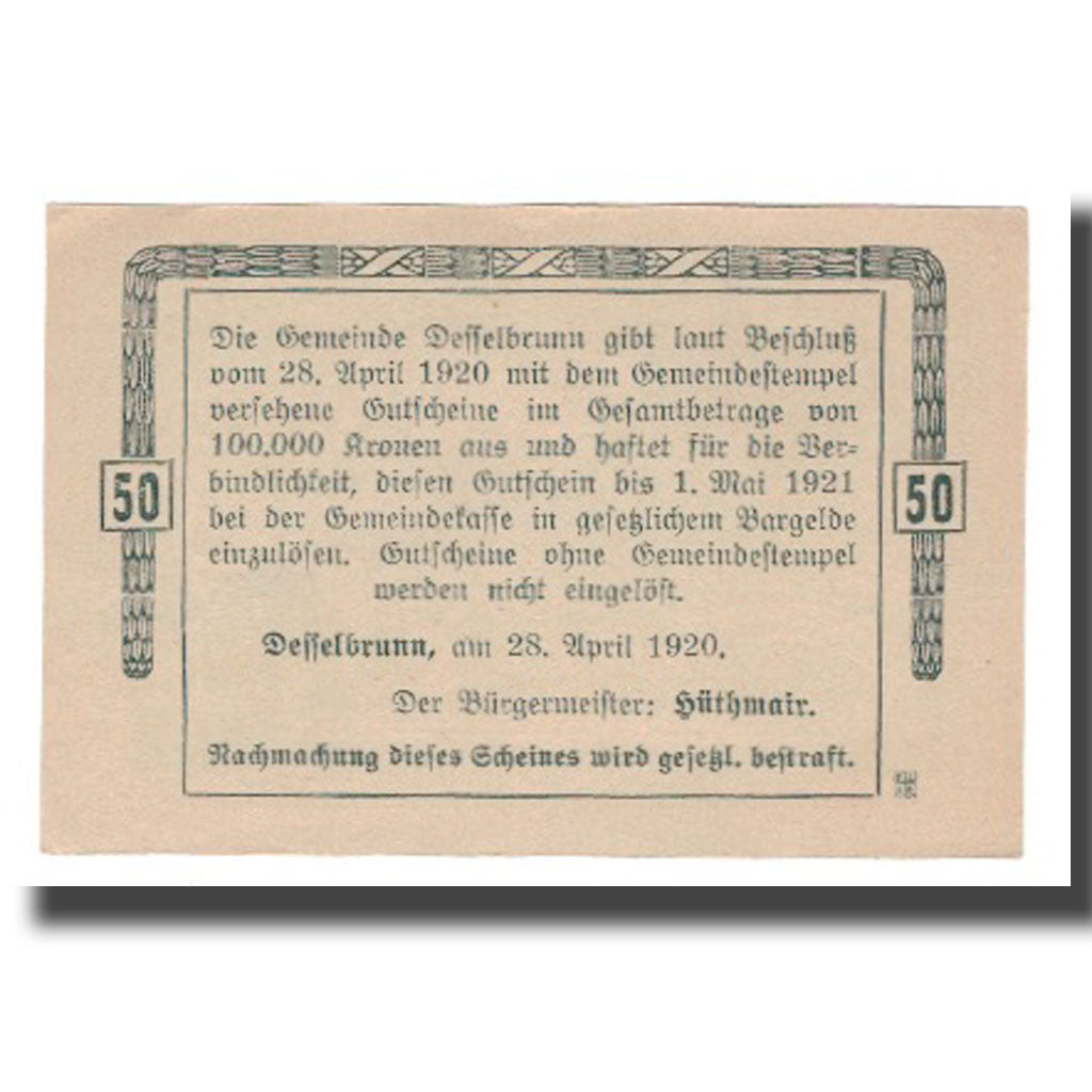 Billete, Austria, Desselbrunn, 50 Heller, Texte, 1921, 1921-05-01, UNC, Mehl:FS