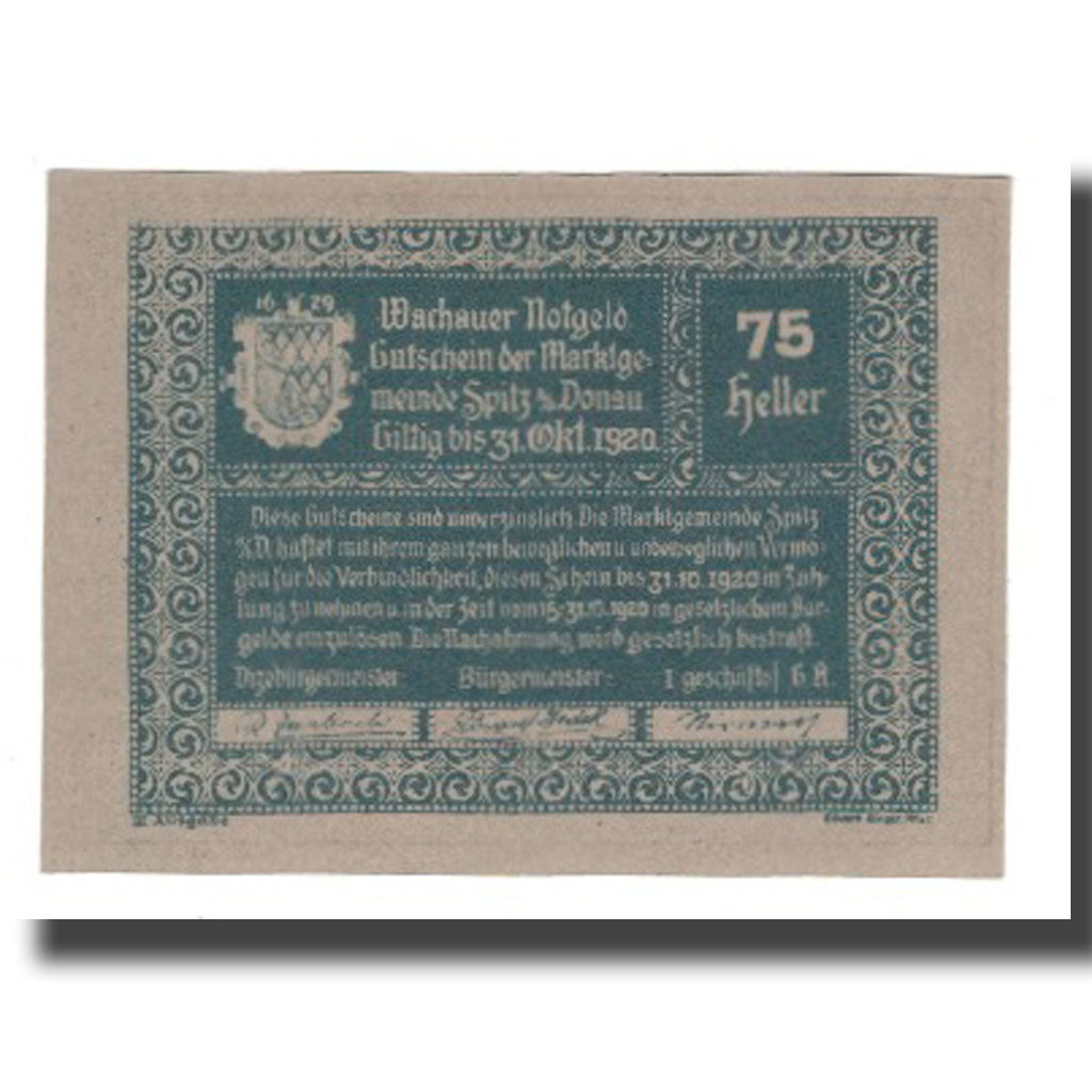 Billete, Austria, Wachauer Notgeld - Spitz - Kirche N.Ö. Gemeinde, 75 Heller