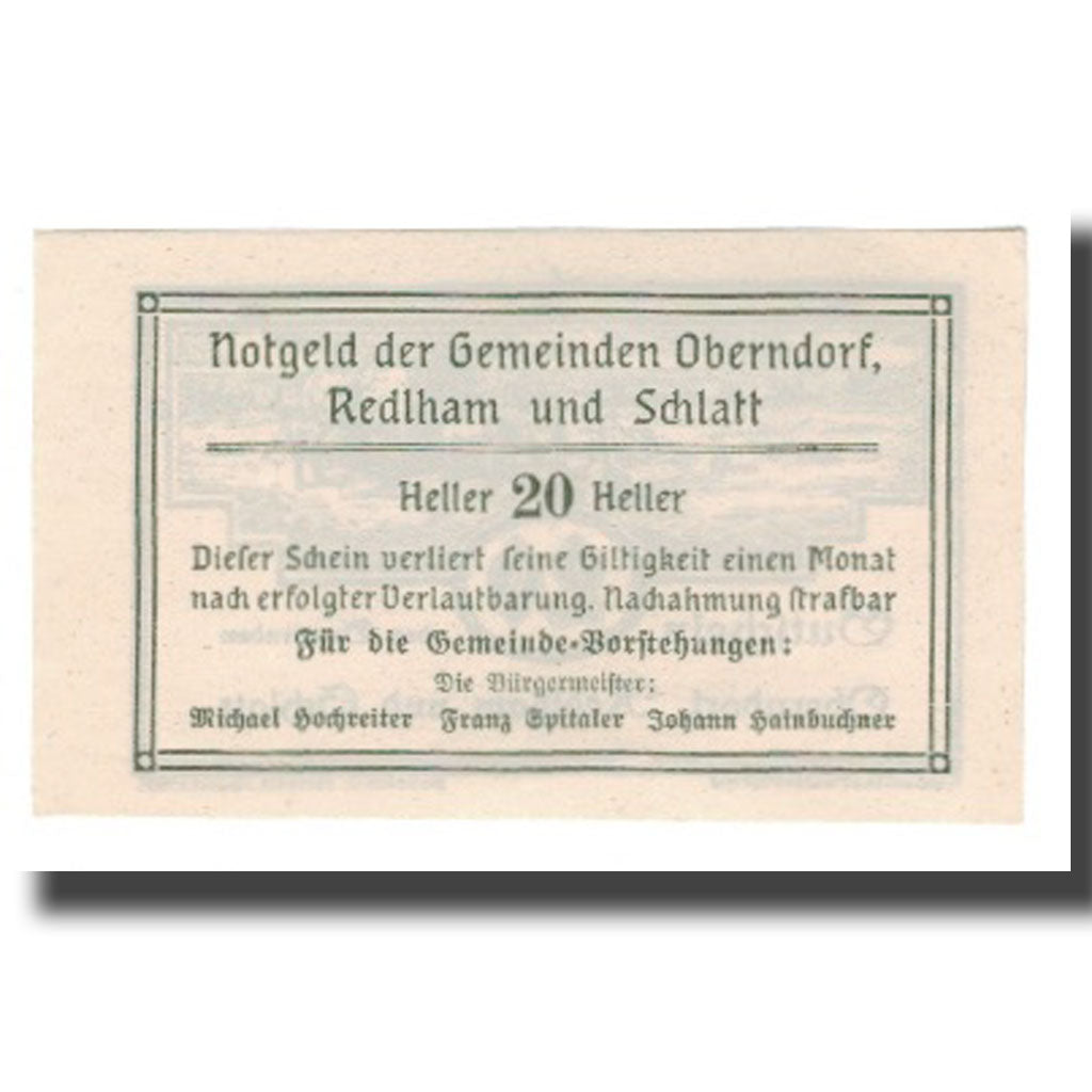 Banknote, Austria, Oberndorf Redlham & Schlatt, 20 Heller, texte 1, UNC(65-70)