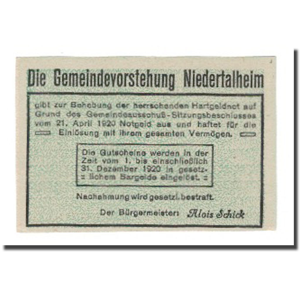 Billet, Autriche, Niedertalheim, 20 Heller, Texte, 1920, 1920-12-31, SUP
