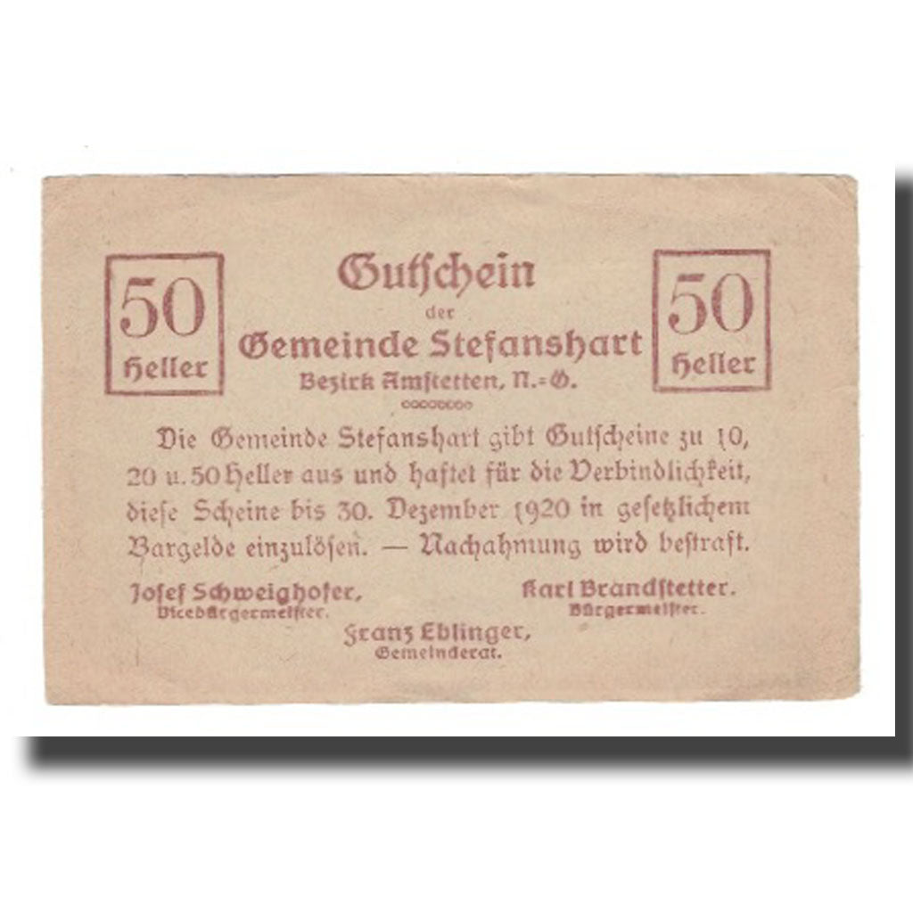 Billet, Autriche, Stefanshart, 50 Heller, Texte, 1920, 1920-12-30, SUP, Mehl:FS