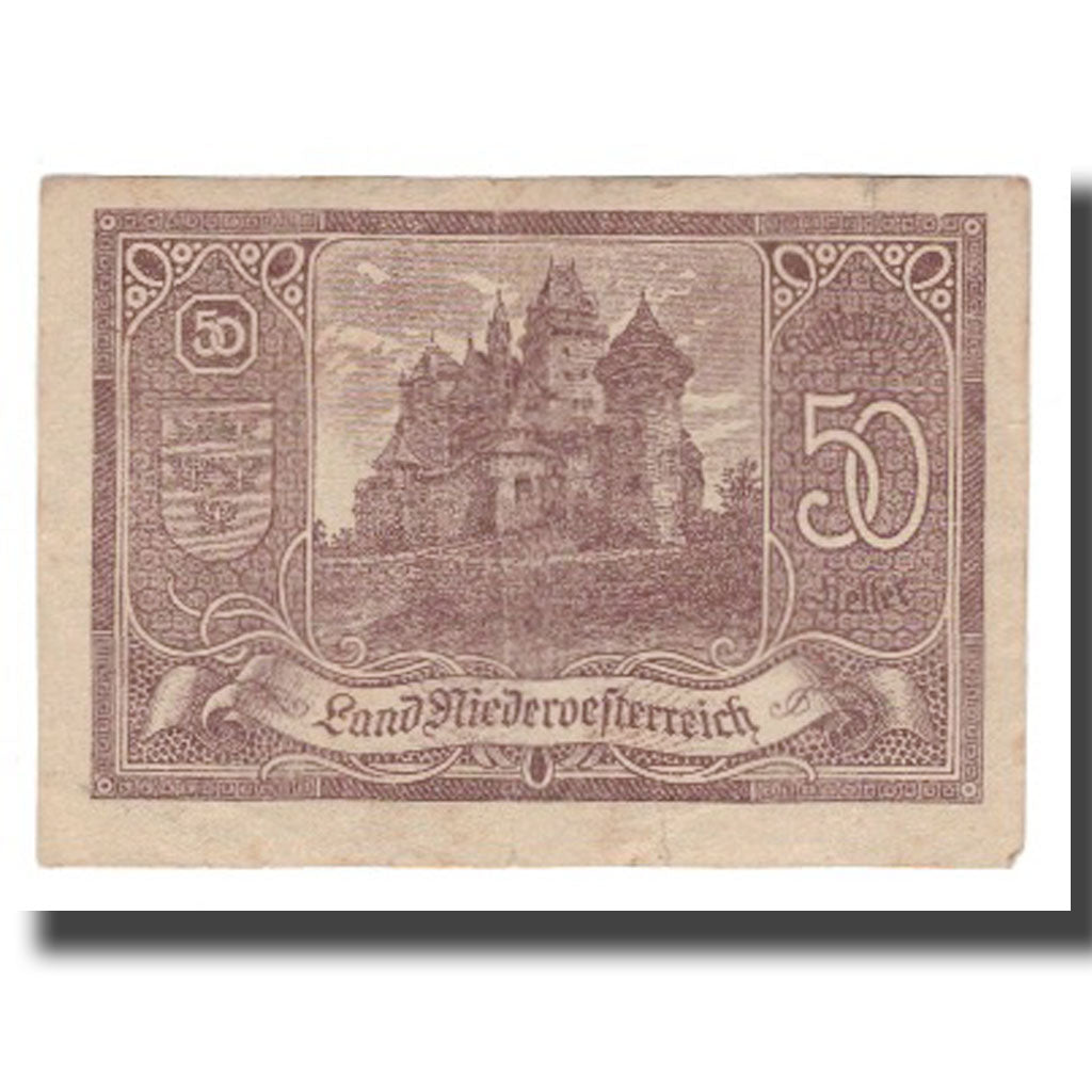 Banconote, Austria, Niederösterreich N.Ö. Land, 50 Heller, Texte, 1920