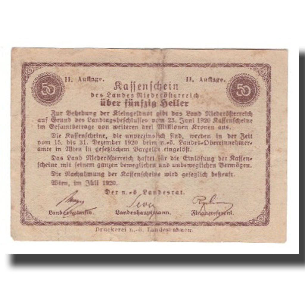 Banconote, Austria, Niederösterreich N.Ö. Land, 50 Heller, Texte, 1920