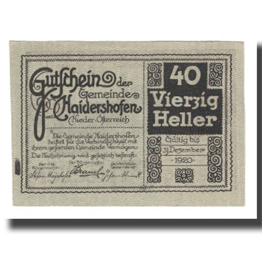 Billet, Autriche, Haidershofen, 40 Heller, paysage, 1920, 1920-12-31, NEUF