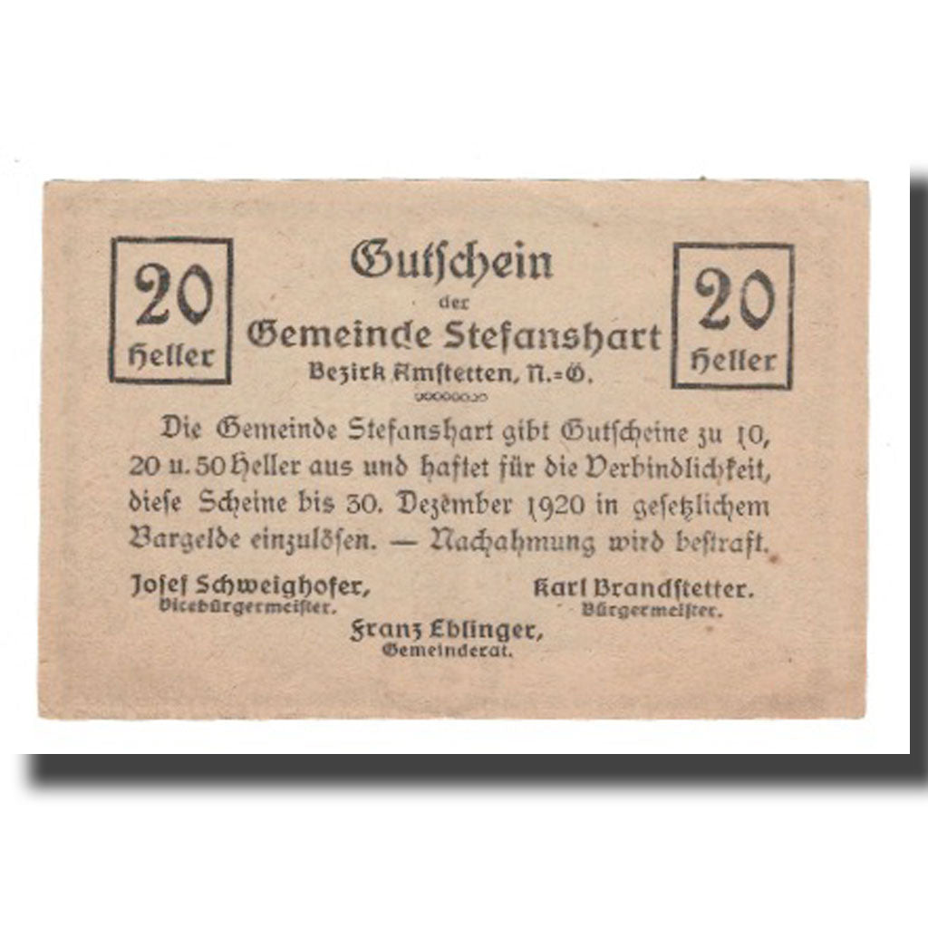 Billete, Austria, Stefanshart, 20 Heller, texte 1, 1920, 1920-12-30, EBC