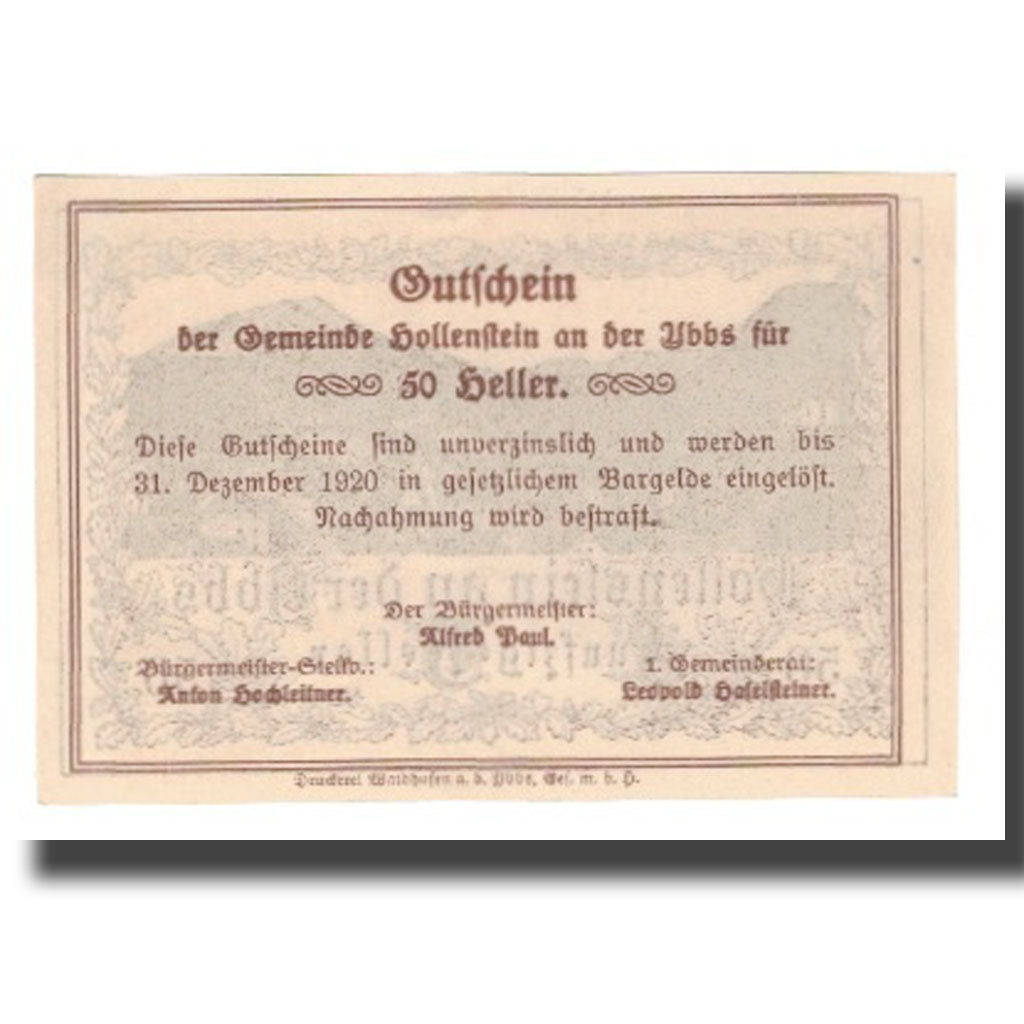 Biljet, Oostenrijk, Hollenstein, 50 Heller, Texte, 1920, 1920-12-31, NIEUW