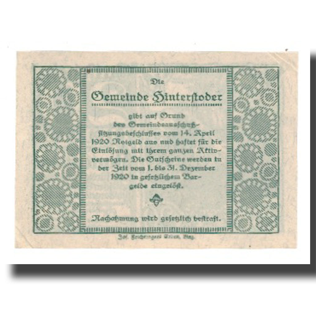 Biljet, Oostenrijk, Hinterstoder, 20 Heller, Texte, 1920, 1920-12-31, SUP