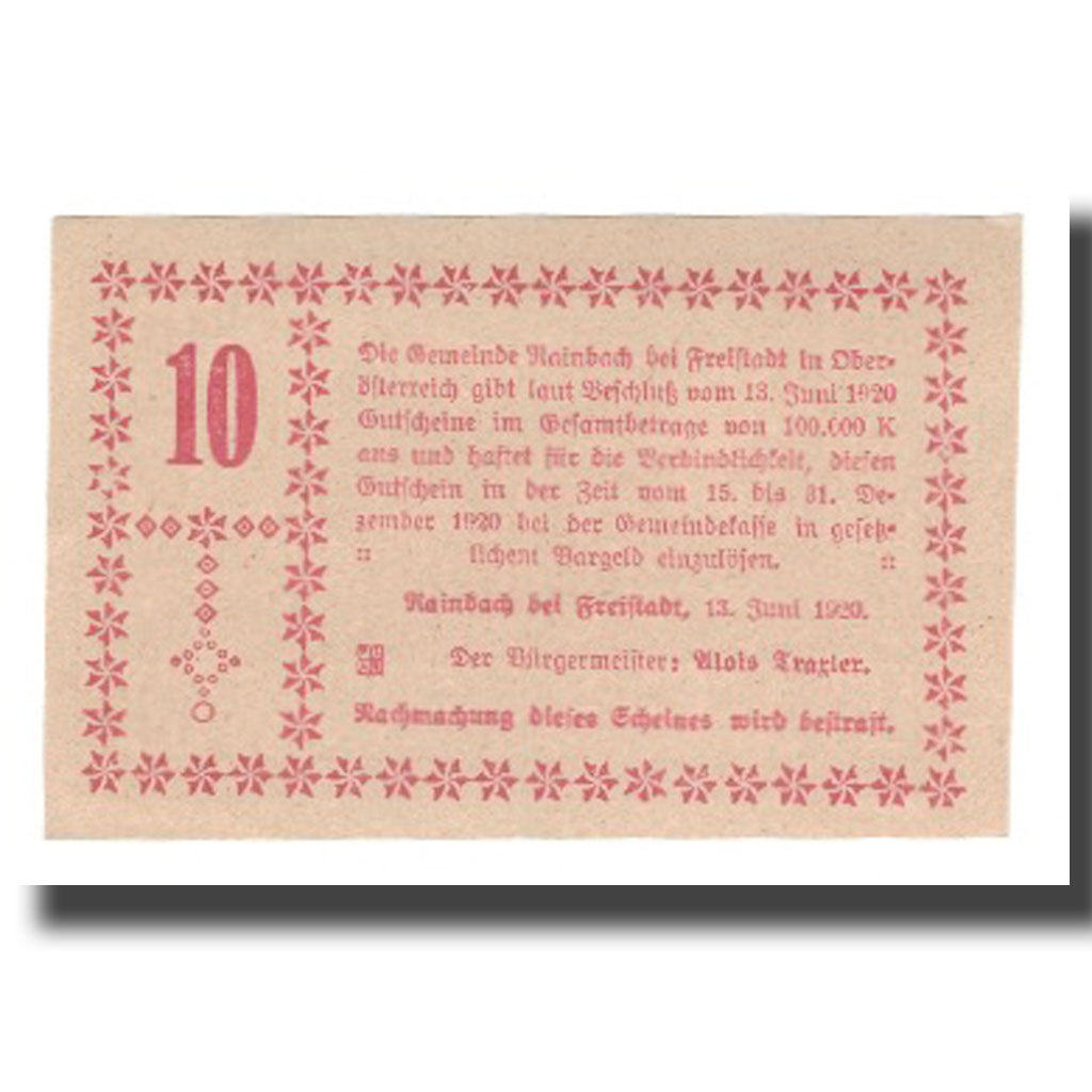 Nota, Áustria, Rainbach, 10 Heller, Texte, 1920, 1920-12-31, UNC(65-70)