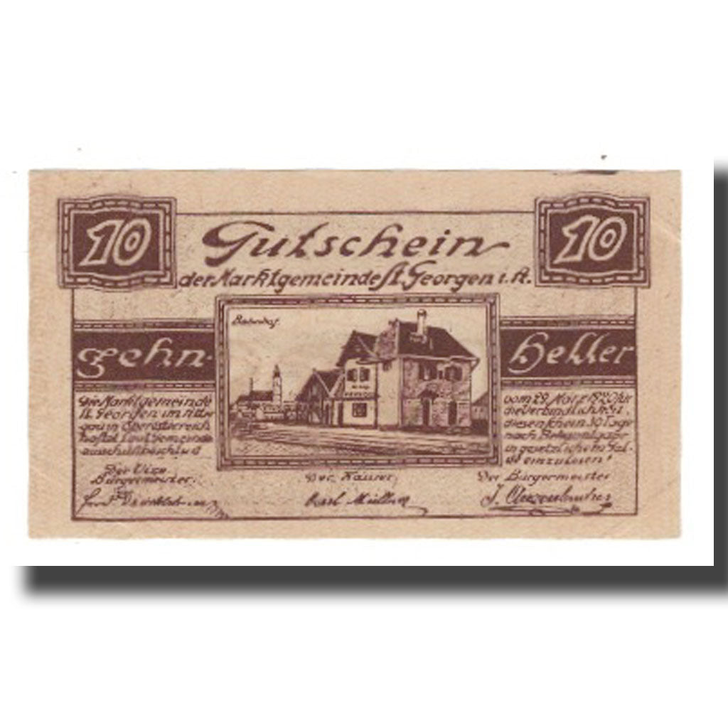 Billet, Autriche, St Georgen im Attergau, 10 Heller, Batiment, 1920, 1920-03-29