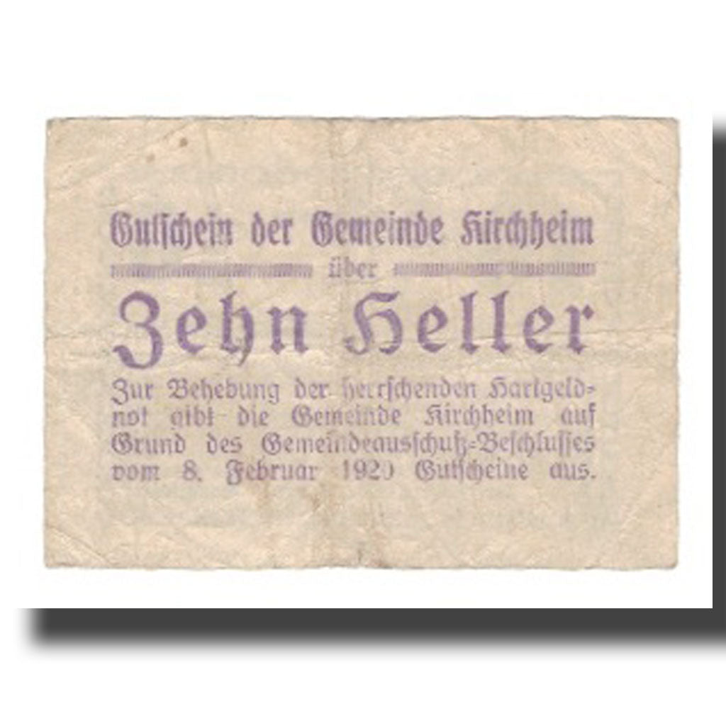 Biljet, Oostenrijk, Kirchheim, 10 Heller, texte 1, 1920, 1920-08-01, TB, Mehl:FS