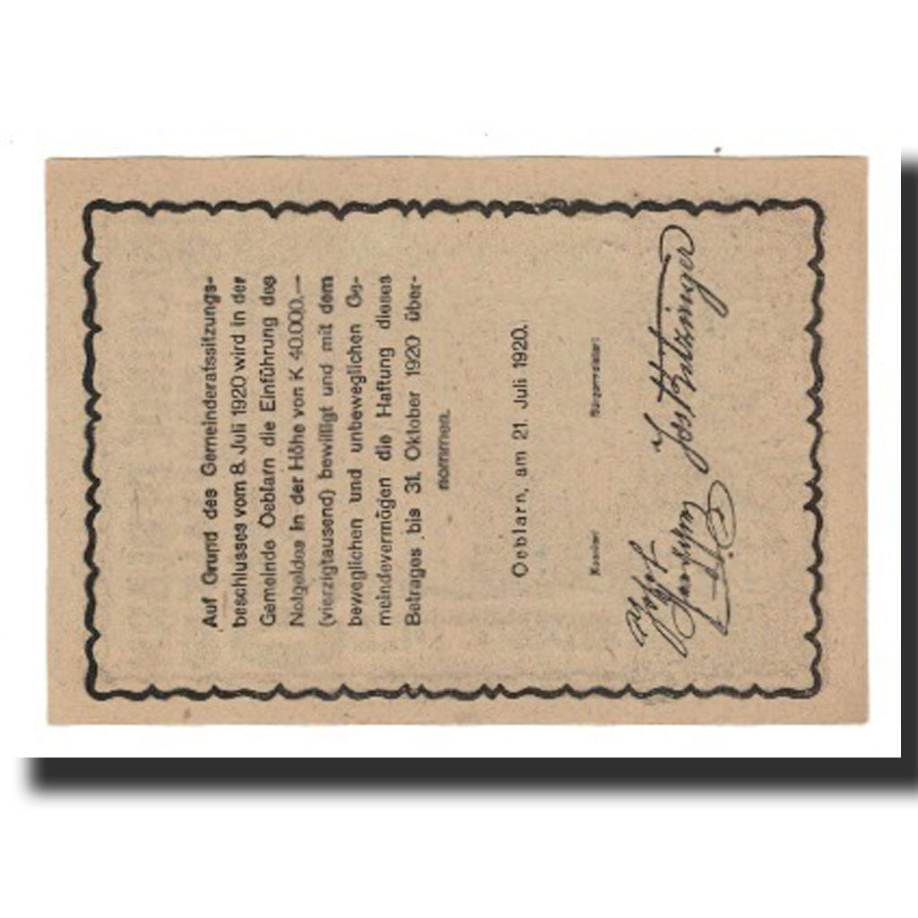 Billet, Autriche, Oeblarn im Ennstale Stm. Gemeinde, 20 Heller, Texte, 1920
