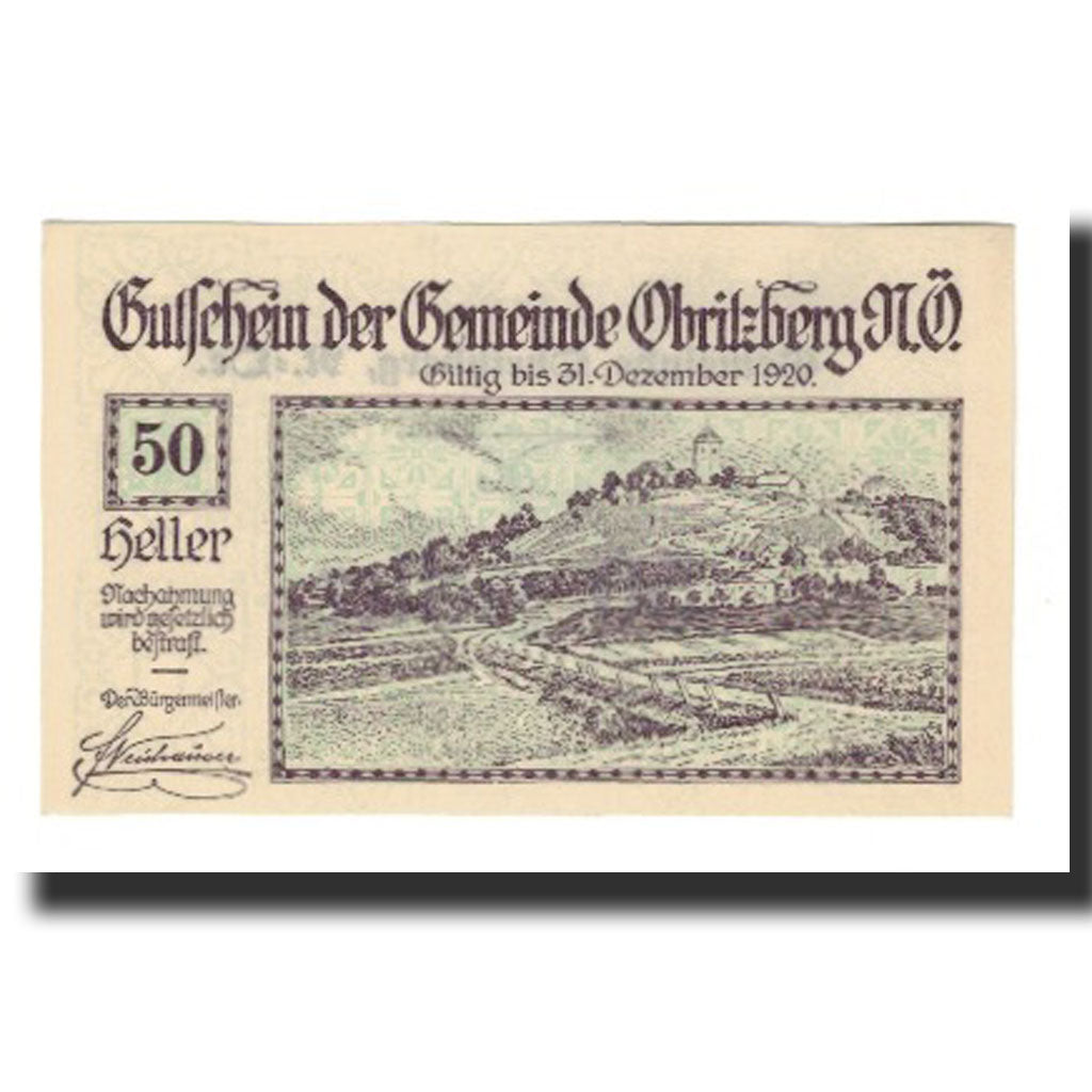 Billet, Autriche, Obritzberg, 50 Heller, valeur faciale 1, 1920, 1920-12-31