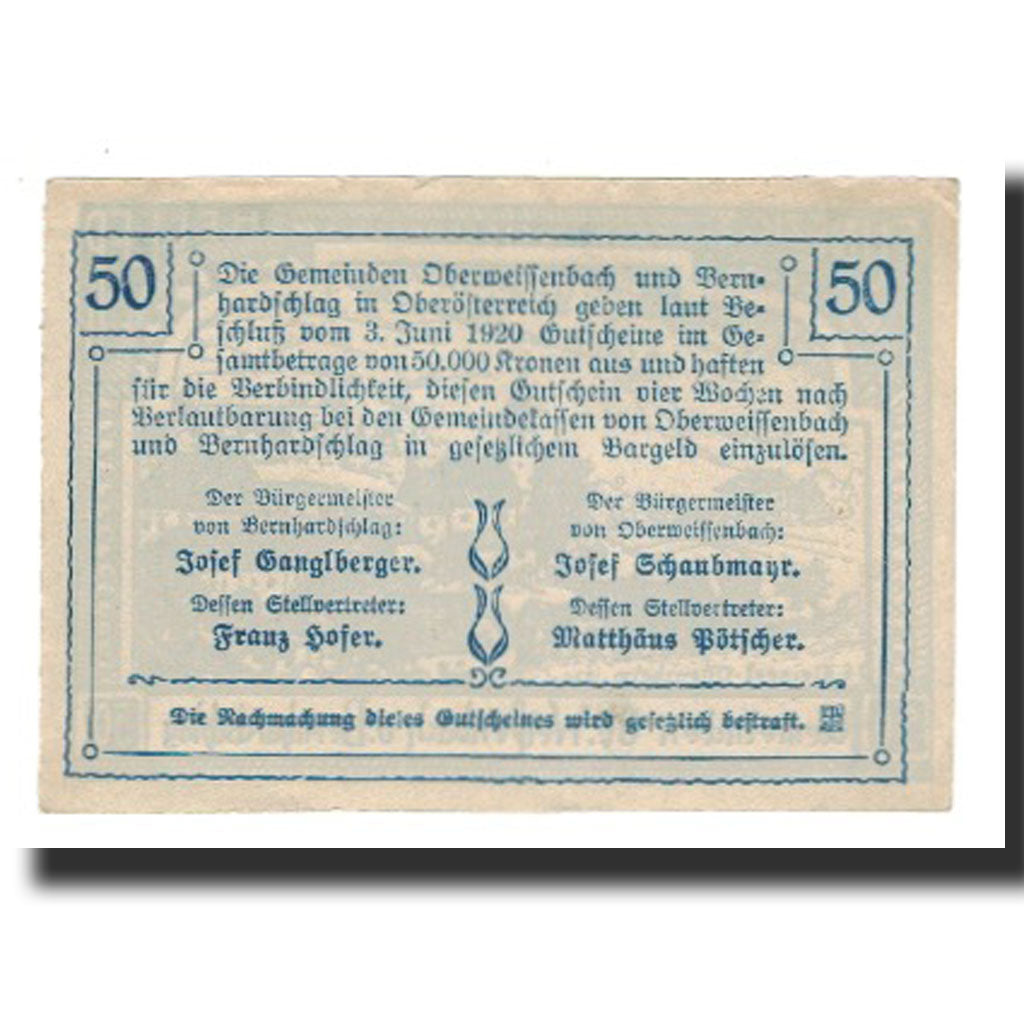 Billet, Autriche, Oberweissenbach und Bernhardschlag O.Ö. Gemeinden, 50 Heller