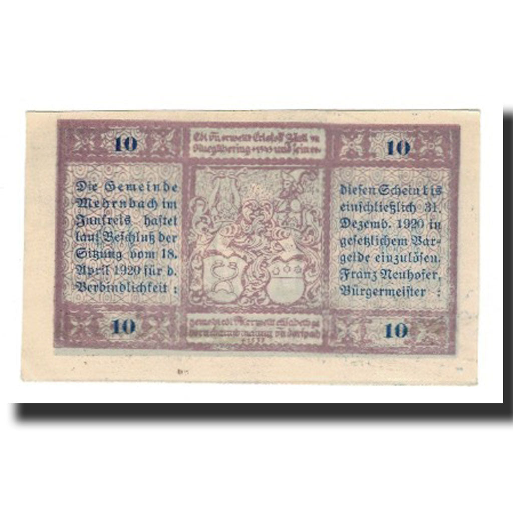 Billete, Austria, Mehrnbach O.Ö. Gemeinde, 10 Heller, Blason, 1920, 1920-12-31