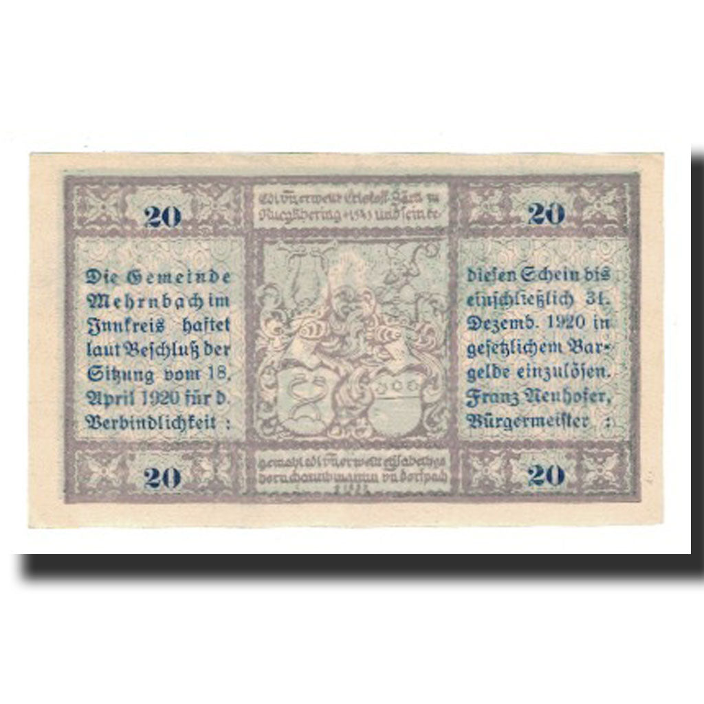 Billet, Autriche, Mehrnbach O.Ö. Gemeinde, 20 Heller, Blason 1, 1920