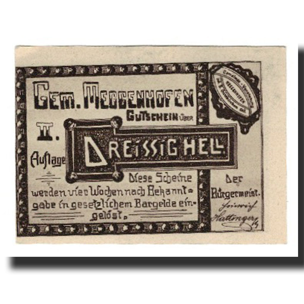 Nota, Áustria, Meggenhofen, 30 Heller, Texte, 1920, 1920-12-31, UNC(65-70)
