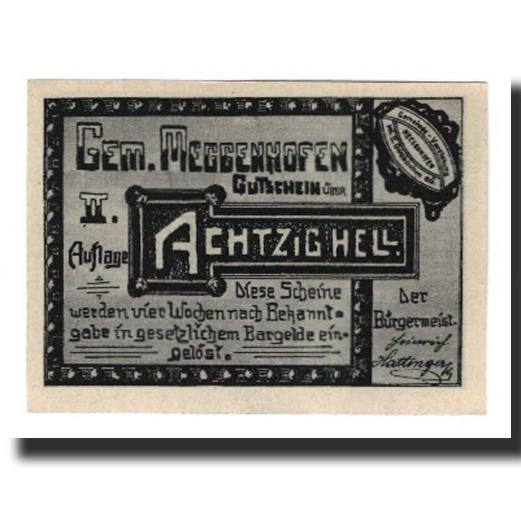 Nota, Áustria, Meggenhofen, 80 Heller, texte 1, 1920, 1920-12-31, UNC(65-70)