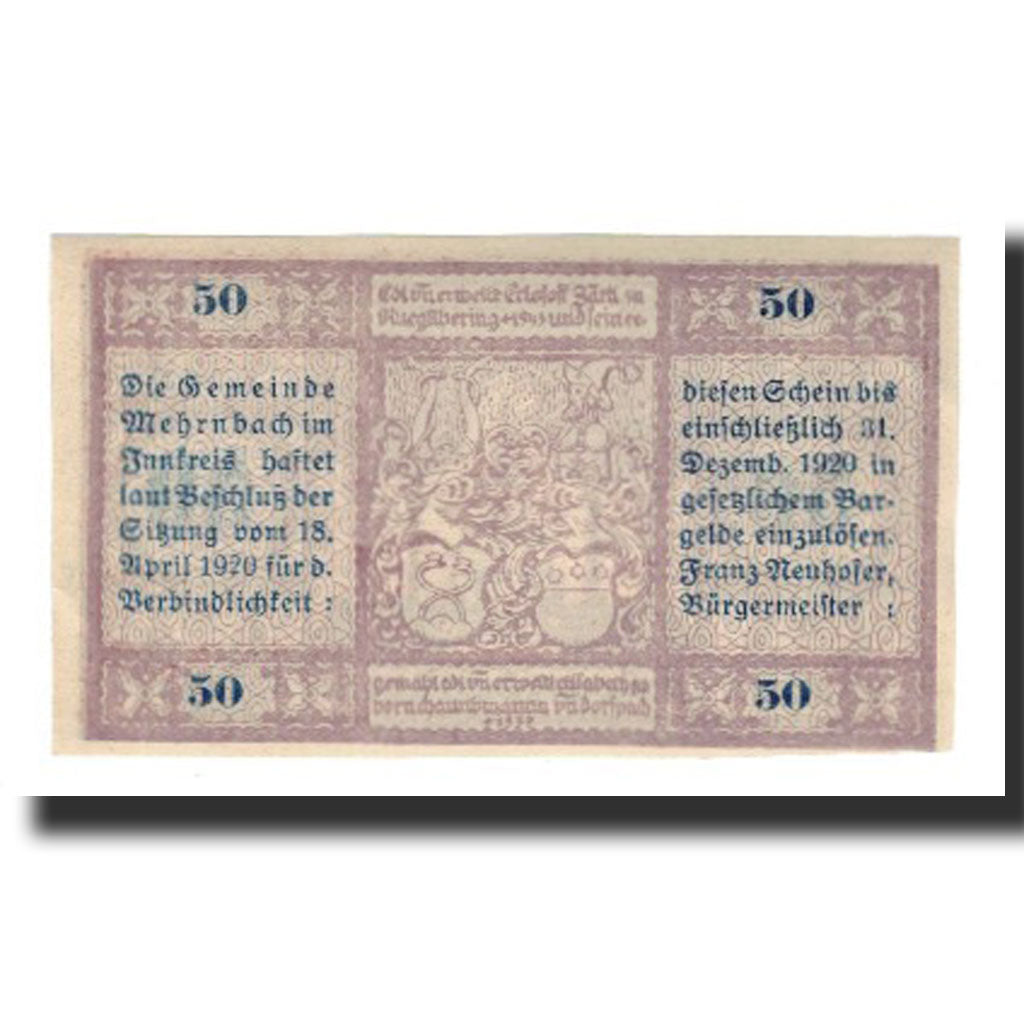 Biljet, Oostenrijk, Mehrnbach O.Ö. Gemeinde, 50 Heller, Blason 2, 1920