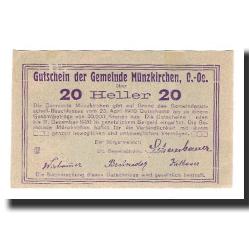 Nota, Áustria, Münzkirchen O.Ö. Gemeinde, 20 Heller, Texte, 1920, 1920-12-31