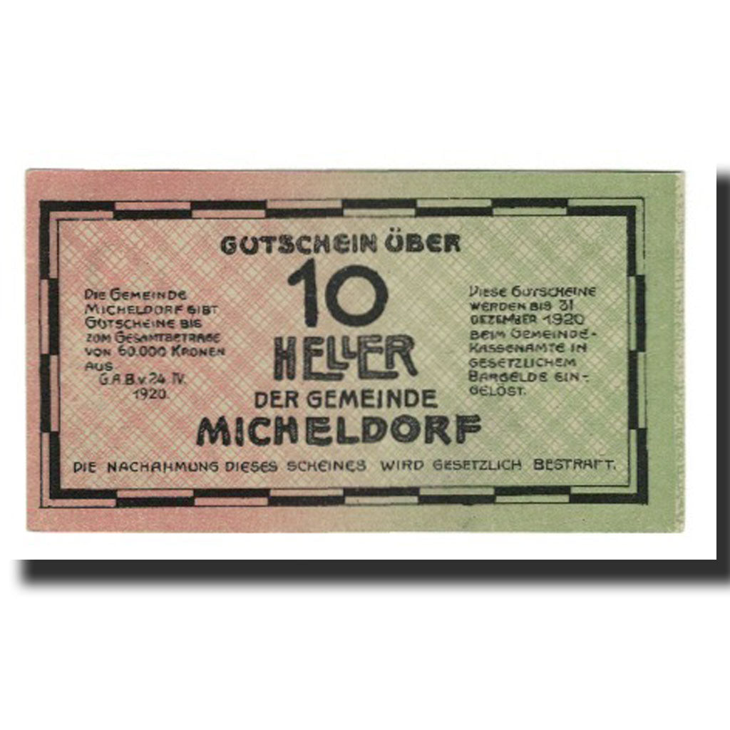 Biljet, Oostenrijk, Micheldorf O.Ö. Gemeinde, 10 Heller, valeur faciale, 1920