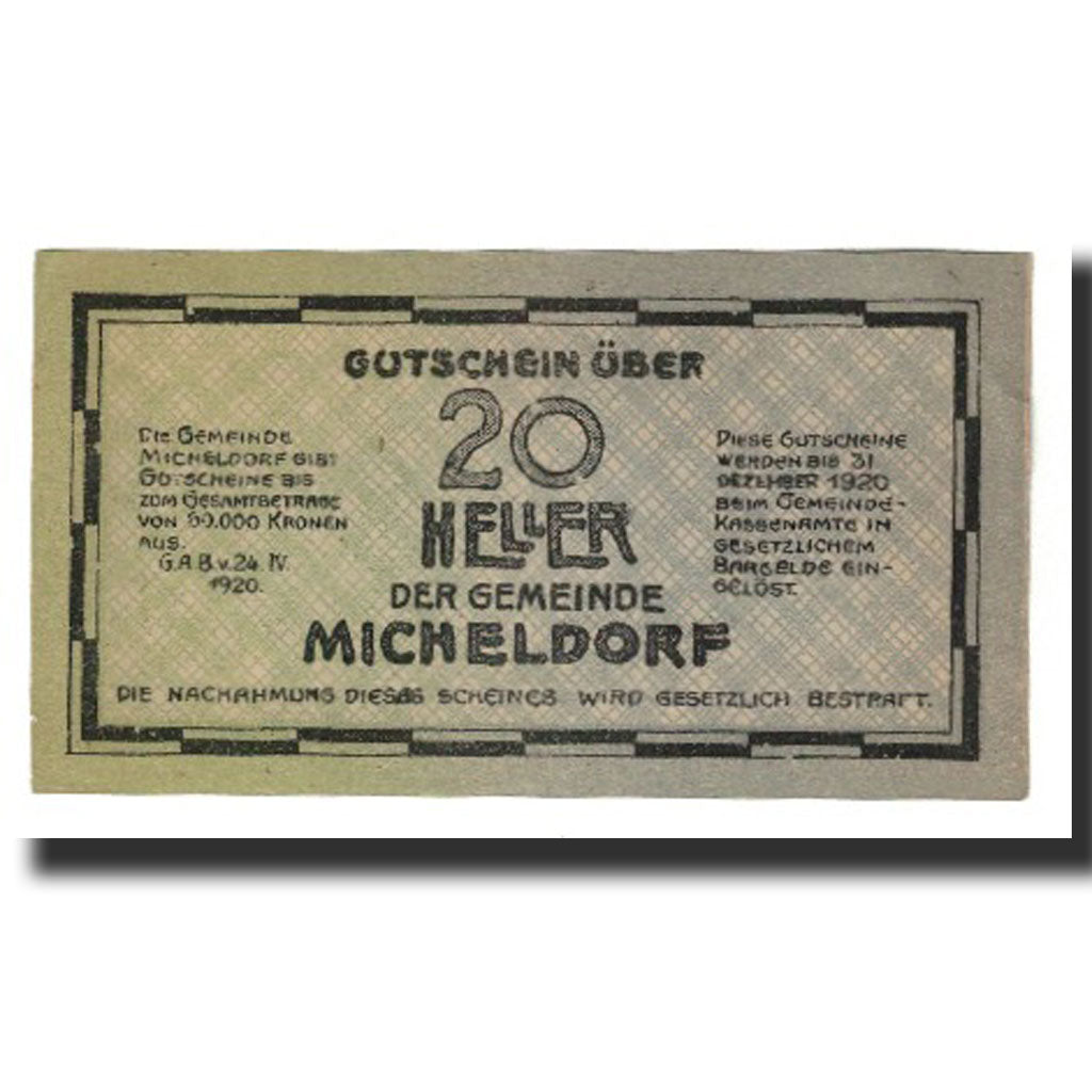 Billet, Autriche, Micheldorf O.Ö. Gemeinde, 20 Heller, valeur faciale 1, 1920