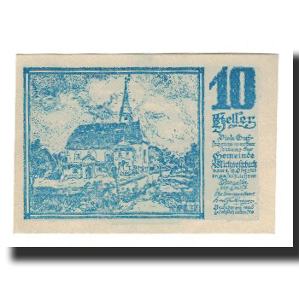 Nota, Áustria, Michaelnbach O.Ö. Gemeinde, 10 Heller, paysage, 1920
