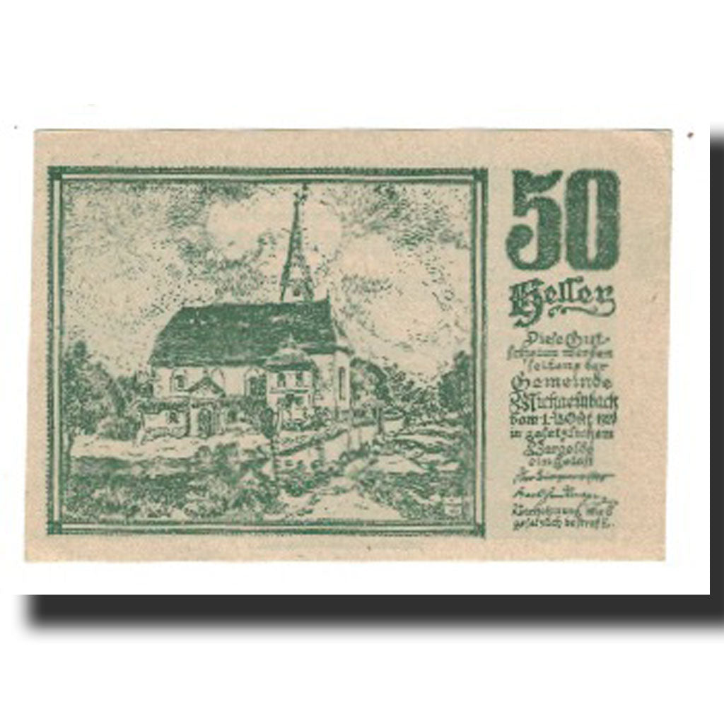 Nota, Áustria, Michaelnbach O.Ö. Gemeinde, 50 Heller, paysage 2, 1920
