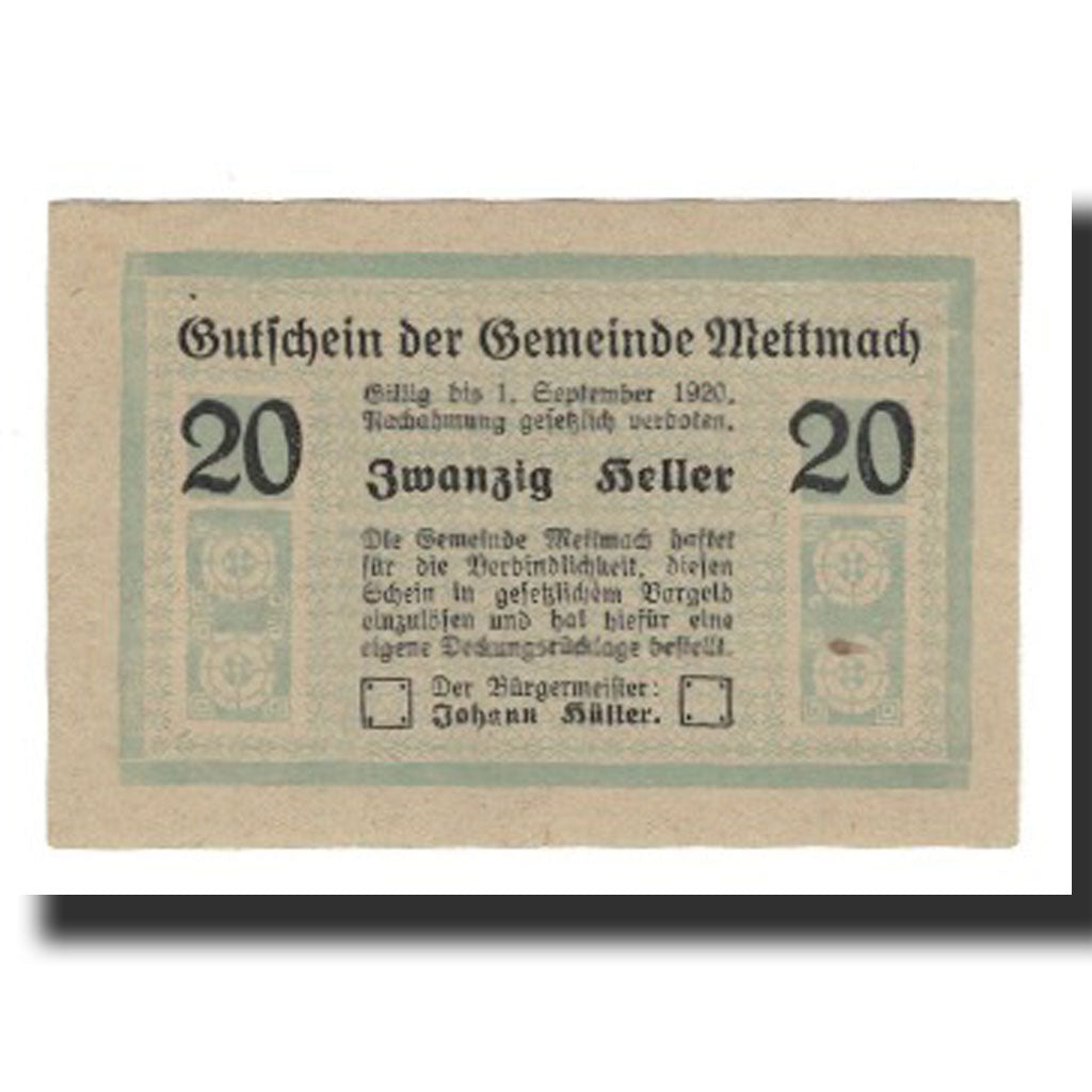 Billet, Autriche, Mettmach, 20 Heller, valeur faciale 1, 1920, 1920-09-01, SUP