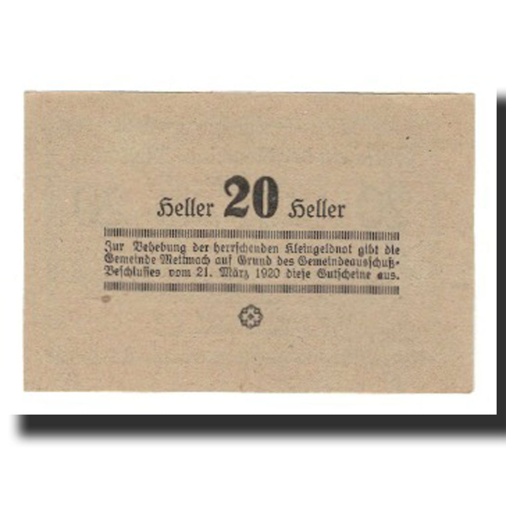 Billet, Autriche, Mettmach, 20 Heller, valeur faciale 1, 1920, 1920-09-01, SUP