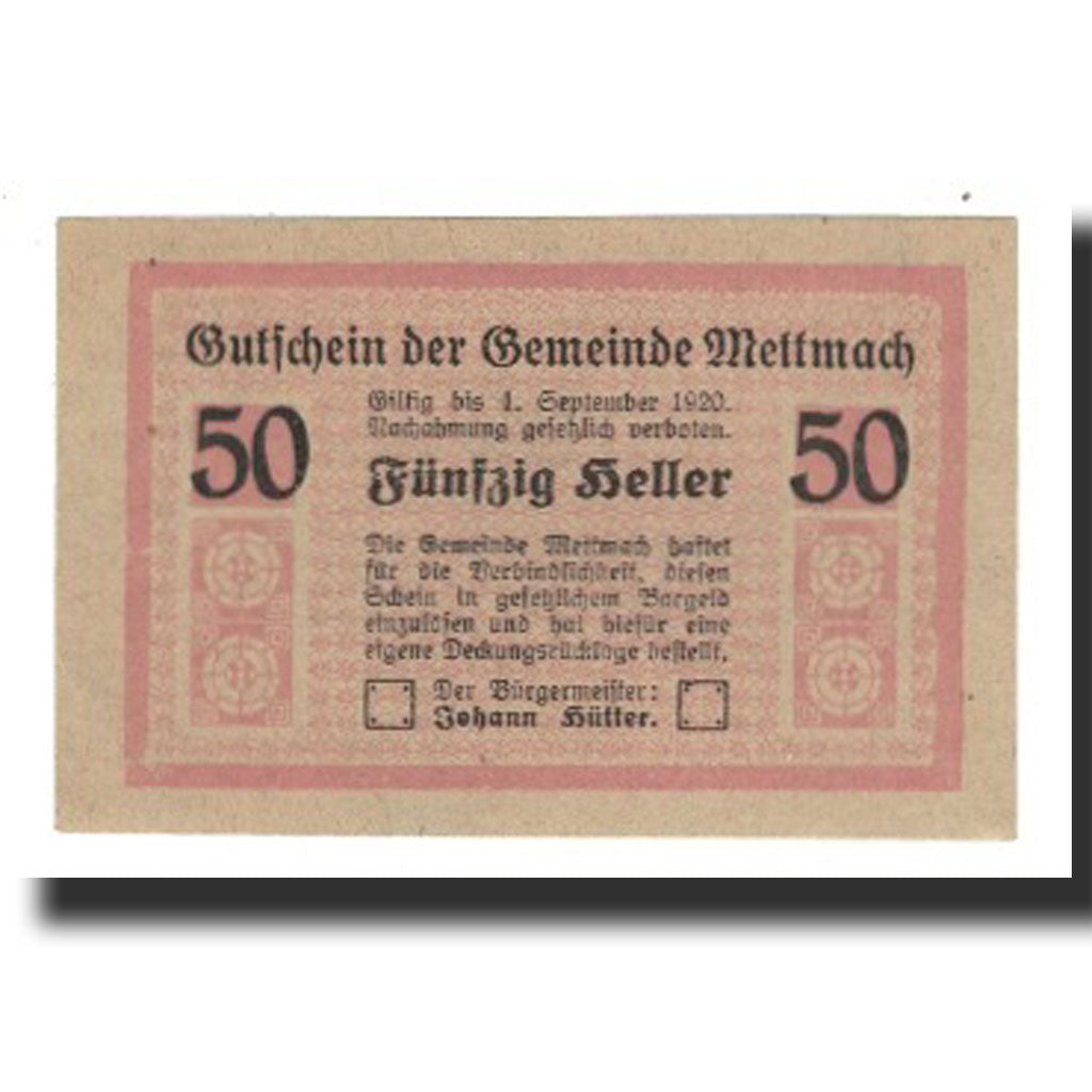 Billet, Autriche, Mettmach, 50 Heller, valeur faciale 2, 1920, 1920-09-01, SUP