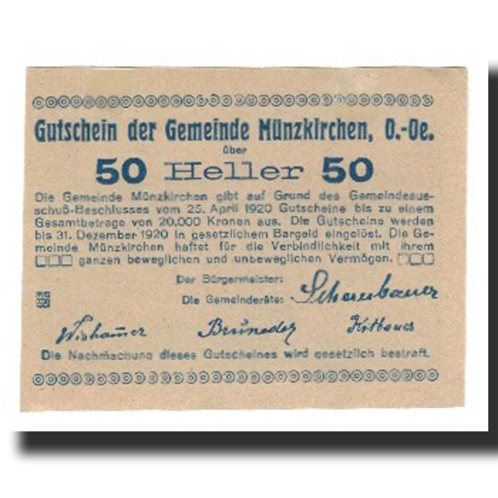Biljet, Oostenrijk, Münzkirchen O.Ö. Gemeinde, 50 Heller, Texte, 1920