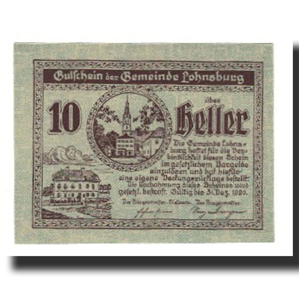 Billet, Autriche, Lohnsburg O.Ö. Gemeinde, 10 Heller, paysage, 1920