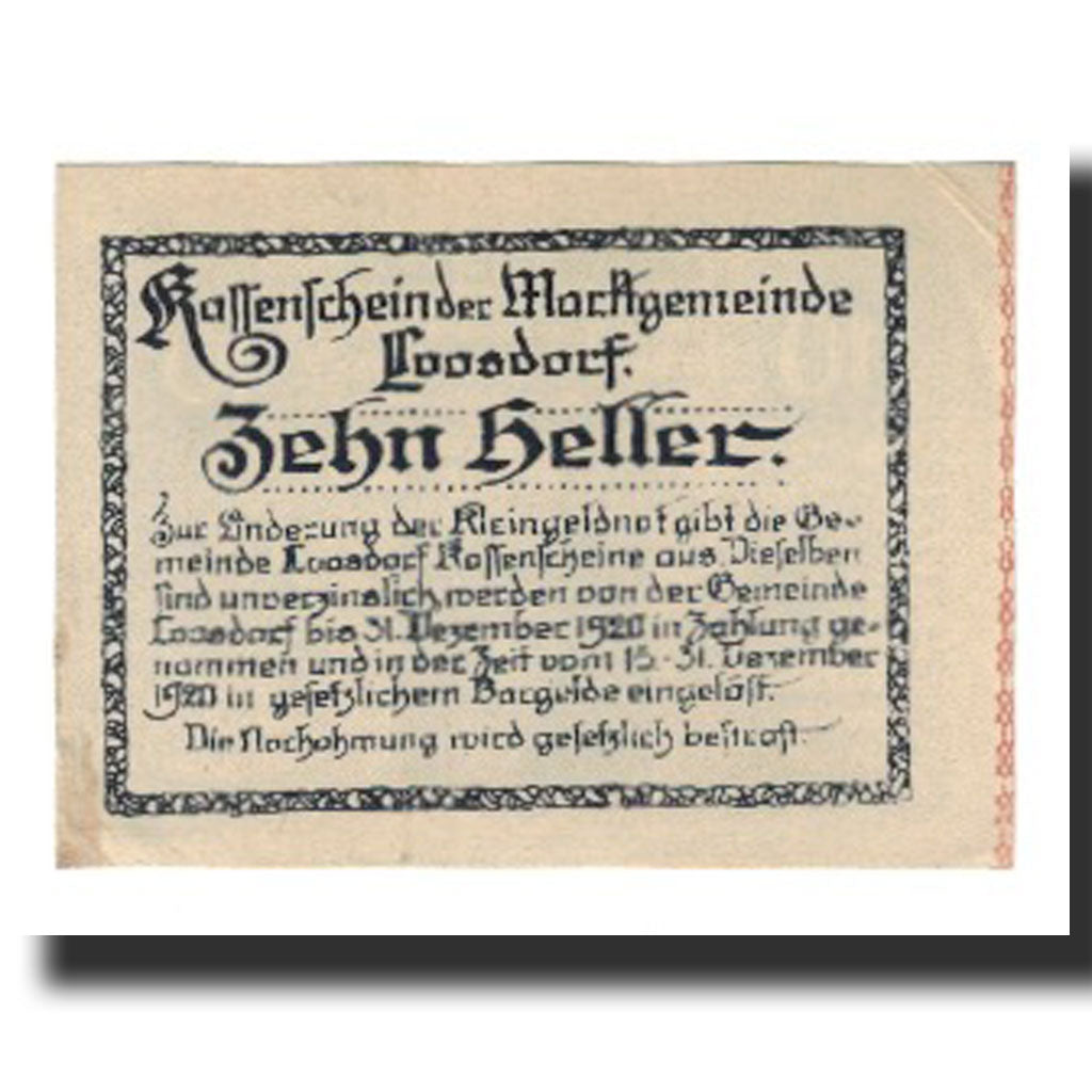 Billet, Autriche, Loosdorf, 10 Heller, Texte, 1920, 1920-12-31, SUP, Mehl:FS