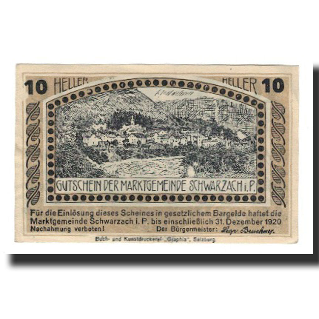 Billet, Autriche, Schwarzach im Pongau Sbg. Marktgemeinde, 10 Heller, paysage
