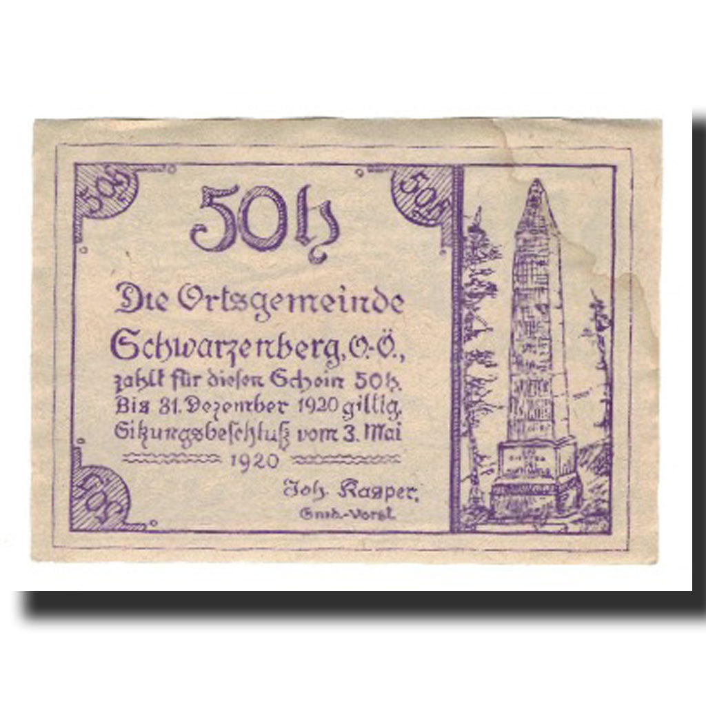 Banknote, Austria, Schwarzenberg, 50 Heller, Monument, 1920, 1920-12-31