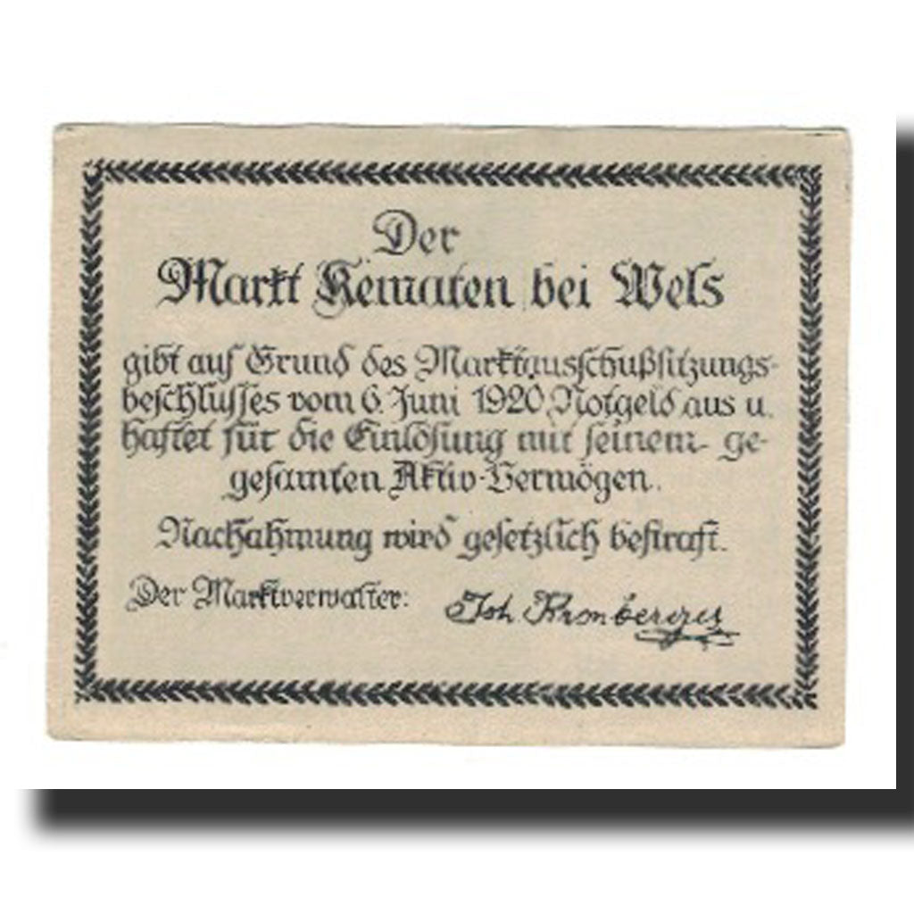 Billet, Autriche, Kematen bei Wels O.Ö. Markt, 80 Heller, Texte, 1920