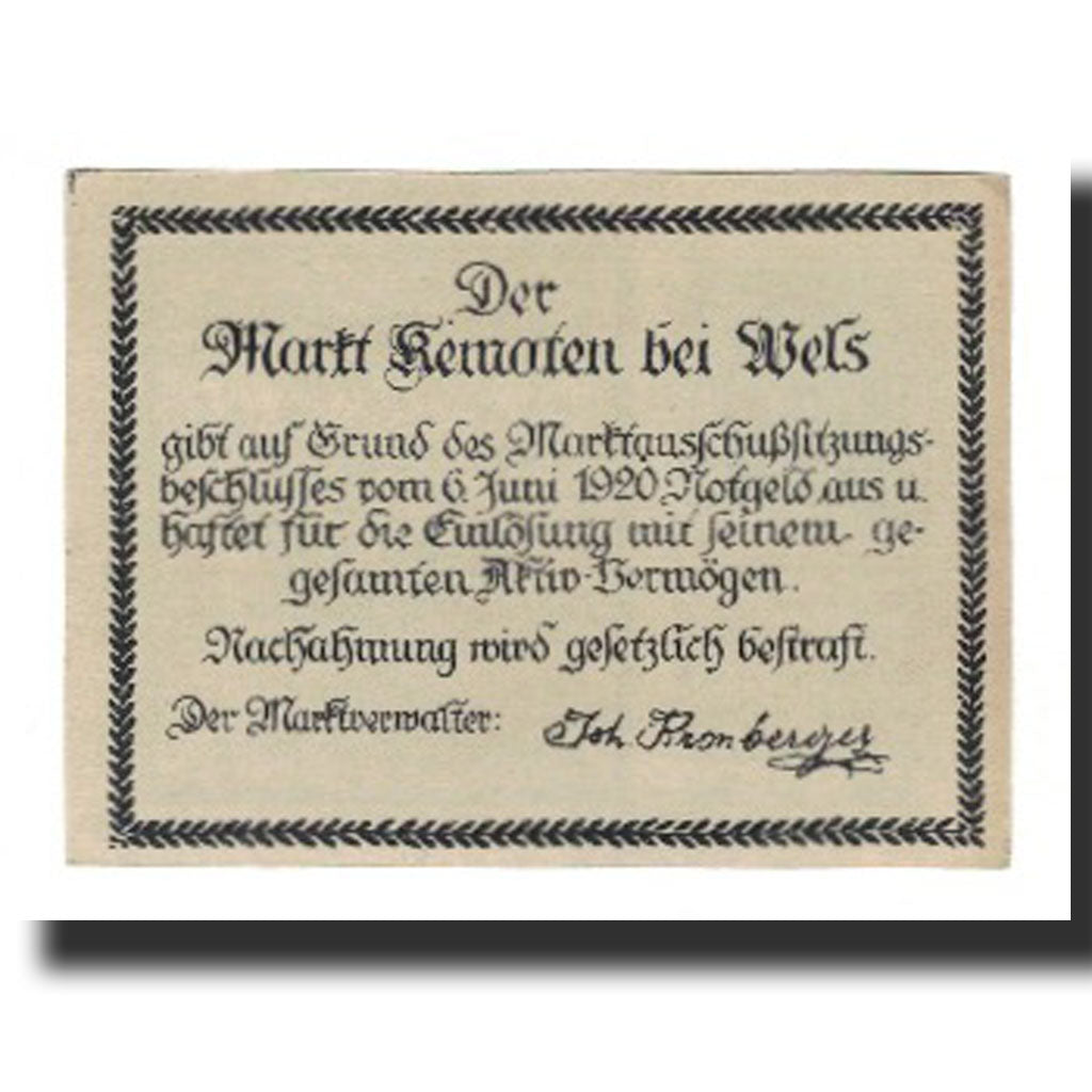 Banconote, Austria, Kematen bei Wels O.Ö. Markt, 50 Heller, texte 1, 1920