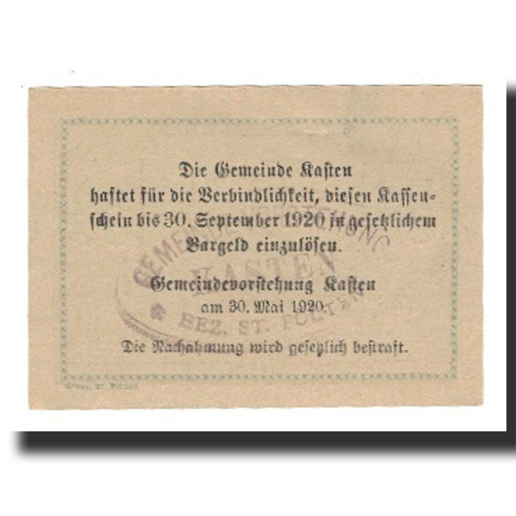 Billet, Autriche, Kasten, 50 Heller, Texte 2, 1920, 1920-09-30, SUP, Mehl:FS 428
