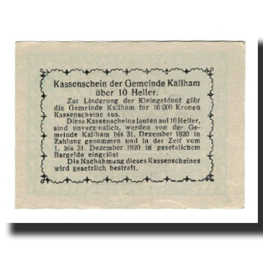 Billet, Autriche, Kallham, 10 Heller, Texte, 1920, 1920-12-31, SUP, Mehl:FS 422I