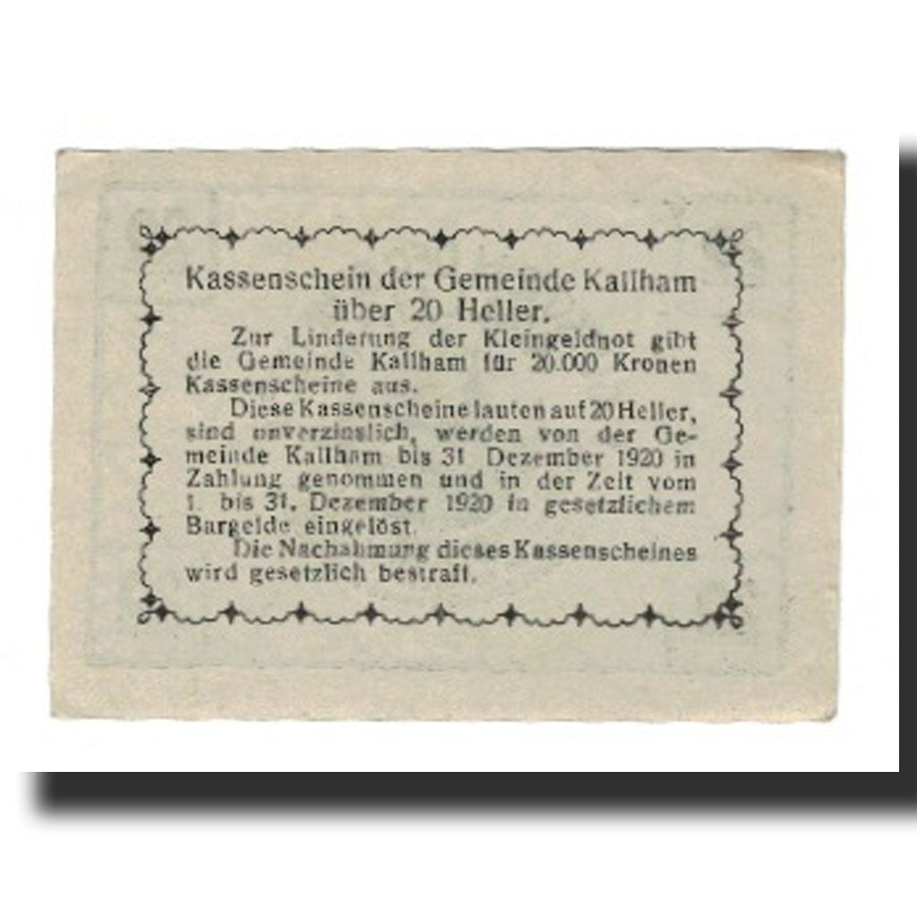 Billet, Autriche, Kallham, 20 Heller, texte 1, 1920, 1920-12-31, SUP, Mehl:FS
