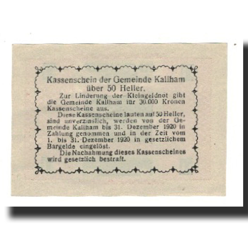 Billete, Austria, Kallham, 50 Heller, Texte 2, 1920, 1920-12-31, EBC, Mehl:FS