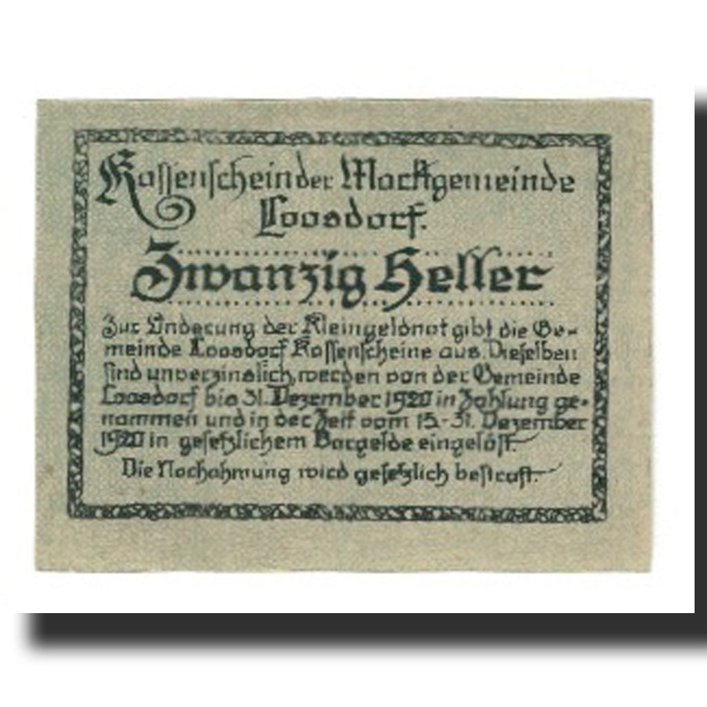 Biljet, Oostenrijk, Loosdorf, 20 Heller, texte 1, 1920, 1920-12-31, NIEUW