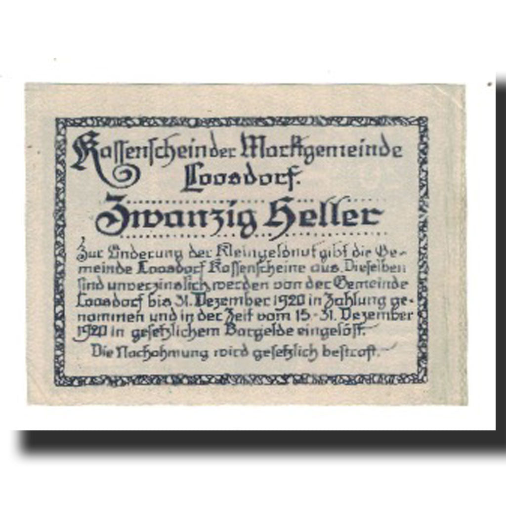 Banknote, Austria, Loosdorf, 20 Heller, Texte 2, 1920, 1920-12-31, UNC(65-70)