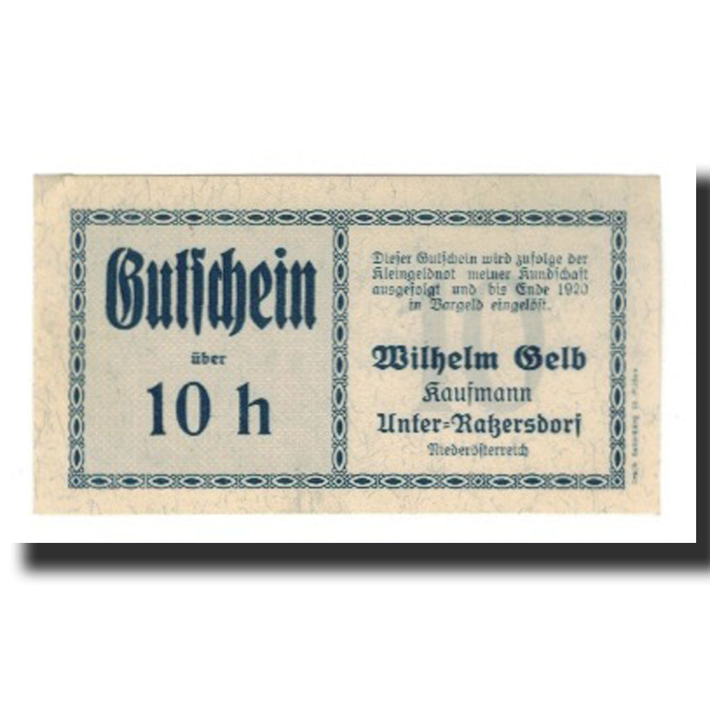 Banknot, Austria, Unter-Ratzersdorf N.Ö. Prv. Wilhem Gelb Kaufmann, 10 Heller
