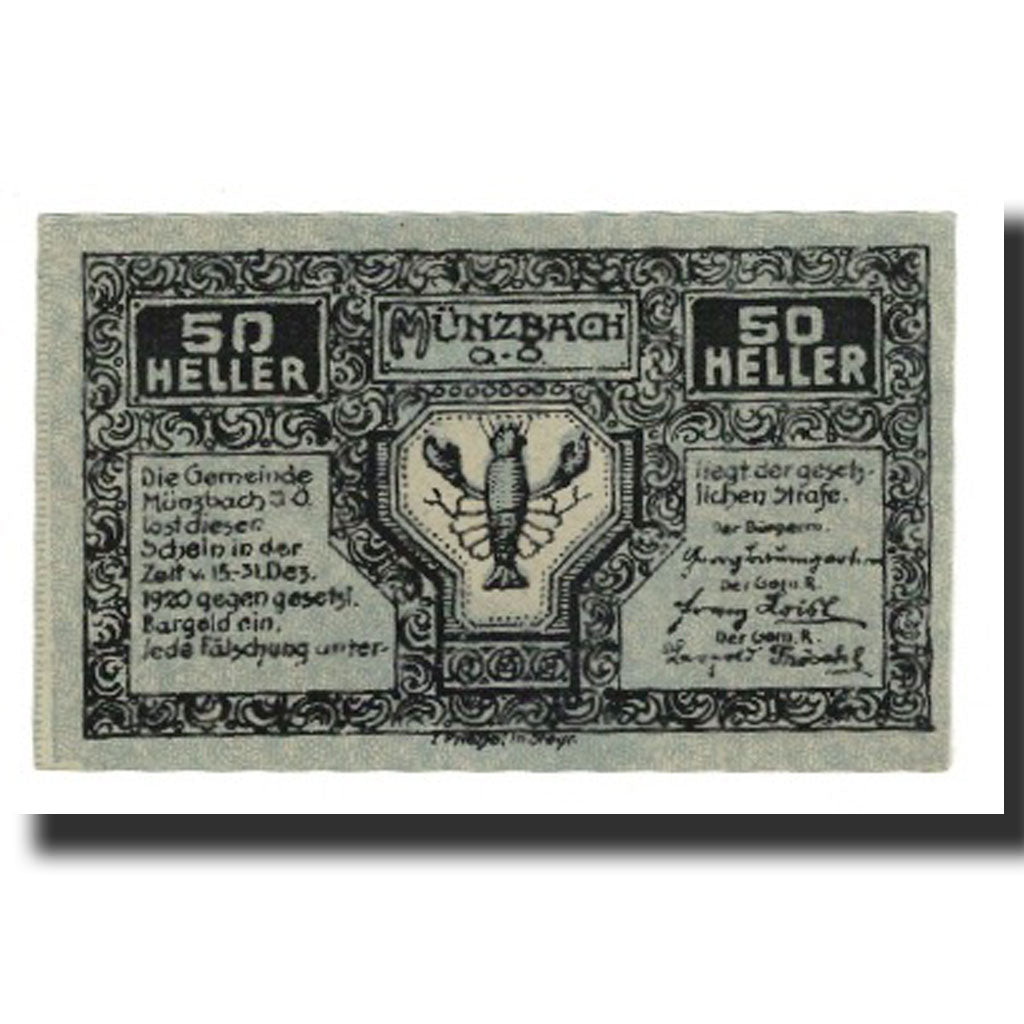 Billet, Autriche, Münzbach O.Ö. Gemeinde, 50 Heller, village, 1920