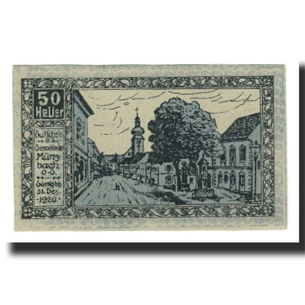 Billet, Autriche, Münzbach O.Ö. Gemeinde, 50 Heller, village, 1920