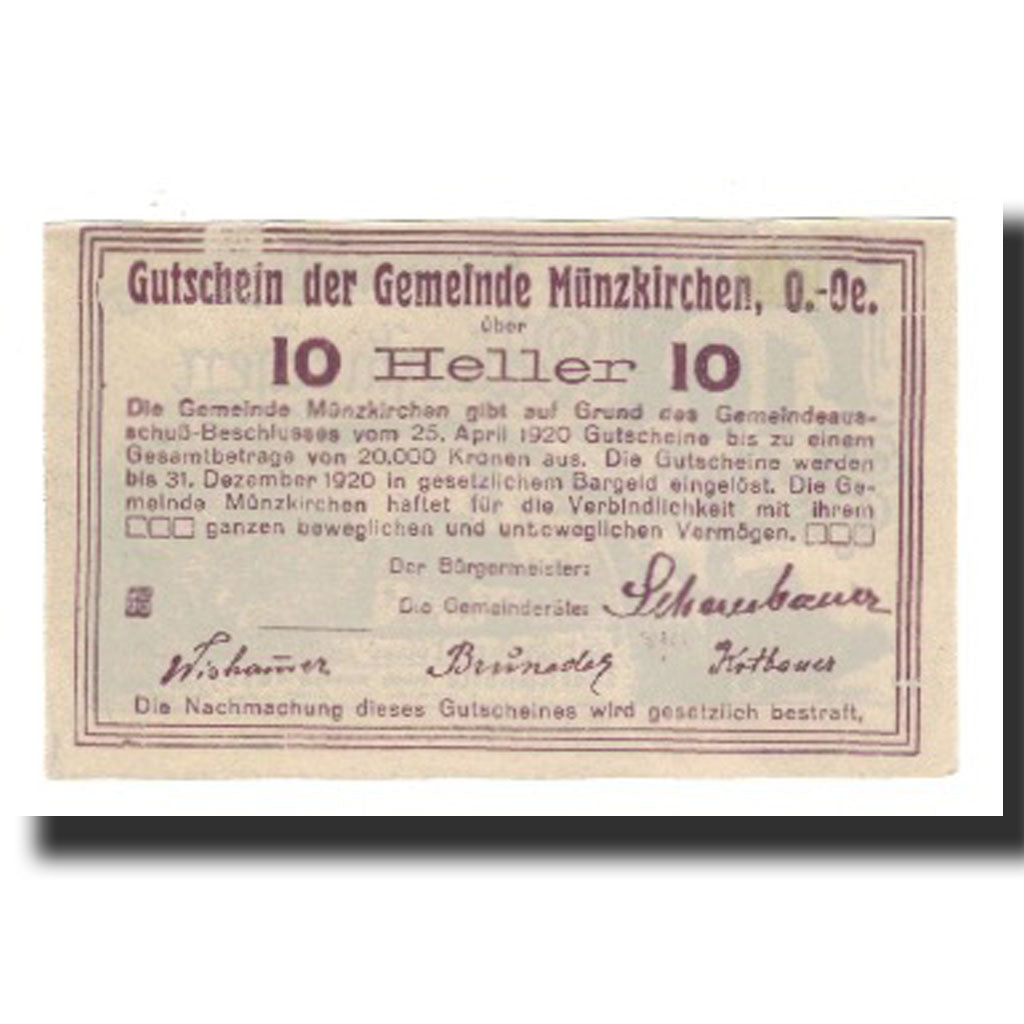 Billete, Austria, Münzkirchen O.Ö. Gemeinde, 10 Heller, Texte, 1920